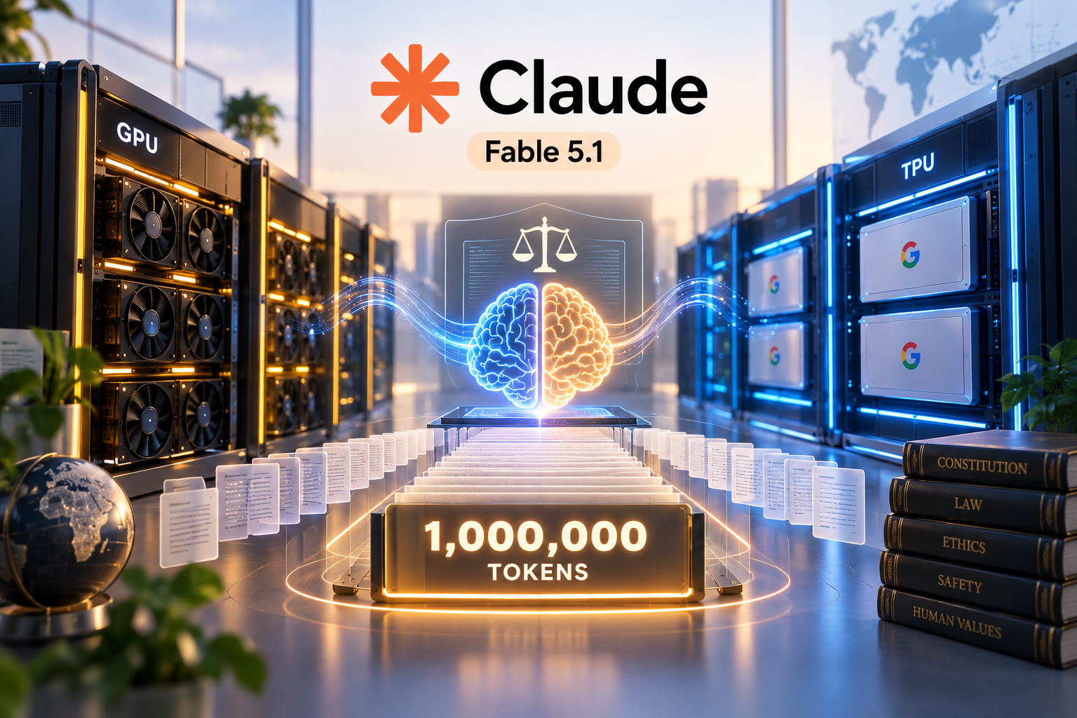 High performance AI compute cluster powering Claude Fable 5.1 reasoning